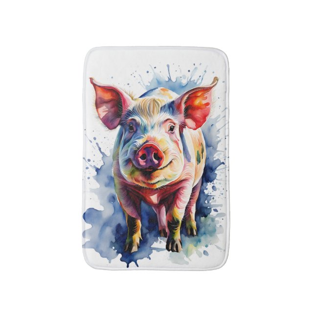 Cute and Colorful Watercolor Pig Bath Mat (Front Vertical)
