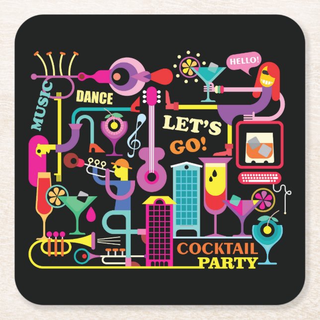 Cute and Colourful Abstract Dance Party Let's Go Square Paper Coaster (Front)