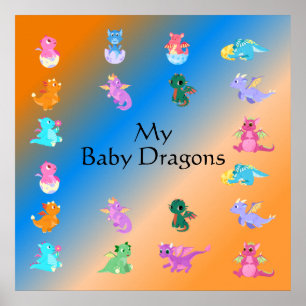 Cute and Colourful Baby Dragons Pattern   Poster