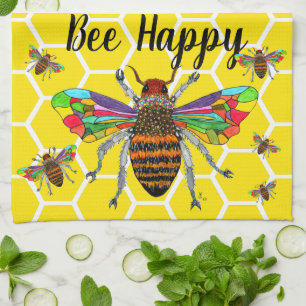 Cute and Colourful Bee Happy Kitchen Towel