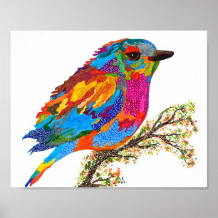 Cute and Colourful Bird on a Branch Poster 10"x8"