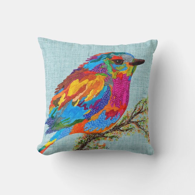 Cute and Colourful Bird on a Branch Throw Pillow (Front)