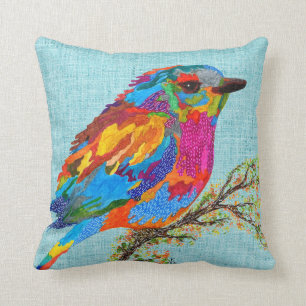 Cute and Colourful Bird on a Branch Throw Pillow