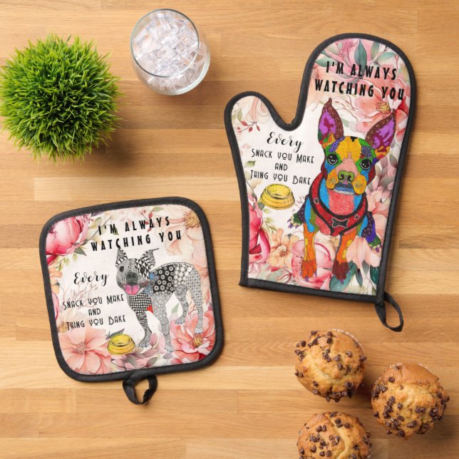 Cute and Colourful Boston Terrier Oven Mitt & Pot Holder Set (Top Down)