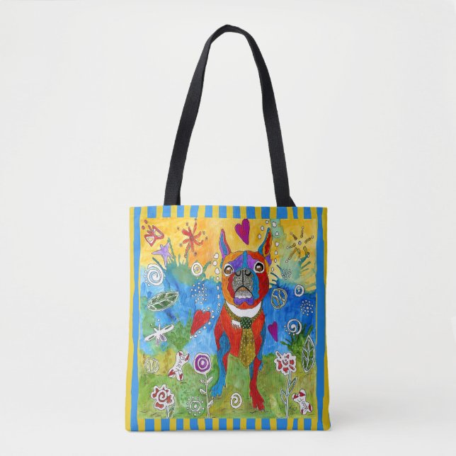 Cute and Colourful Boston Terrier Striped Tote Bag (Front)