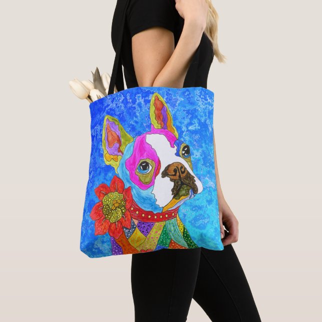 Cute and Colourful Boston Terrier Tote Bag (Close Up)