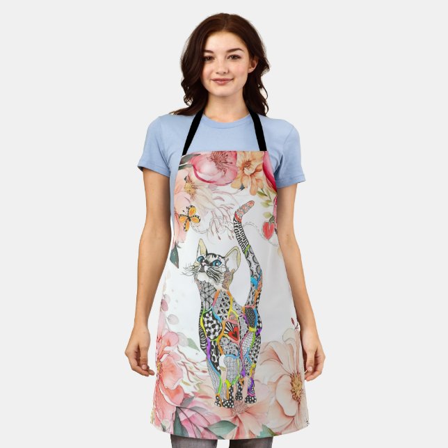 Cute and Colourful Cat and Butterfly Personalised Apron (Worn)