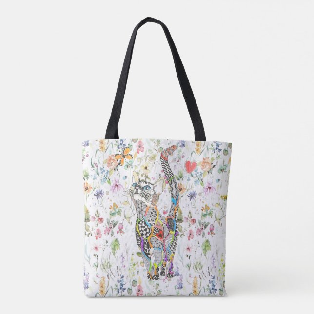 Cute and Colourful Cat Floral Tote Bag (Back)