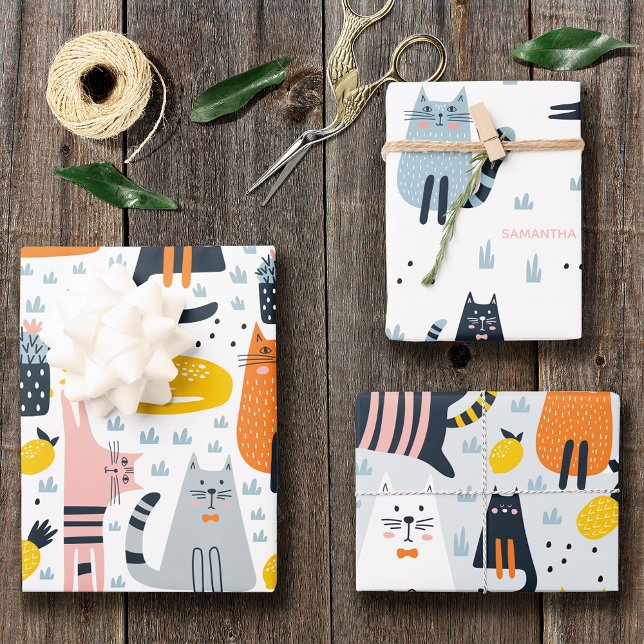 Cute and Colourful Cat Pattern Monogrammed Name Wrapping Paper Sheet (Creator Uploaded)