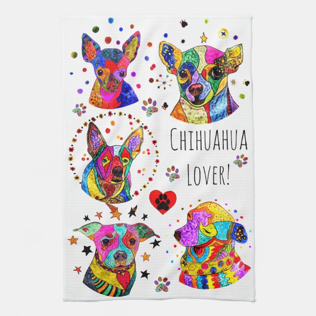 Cute and Colourful Chihuahua Lover Kitchen Towel. Tea Towel (Vertical)