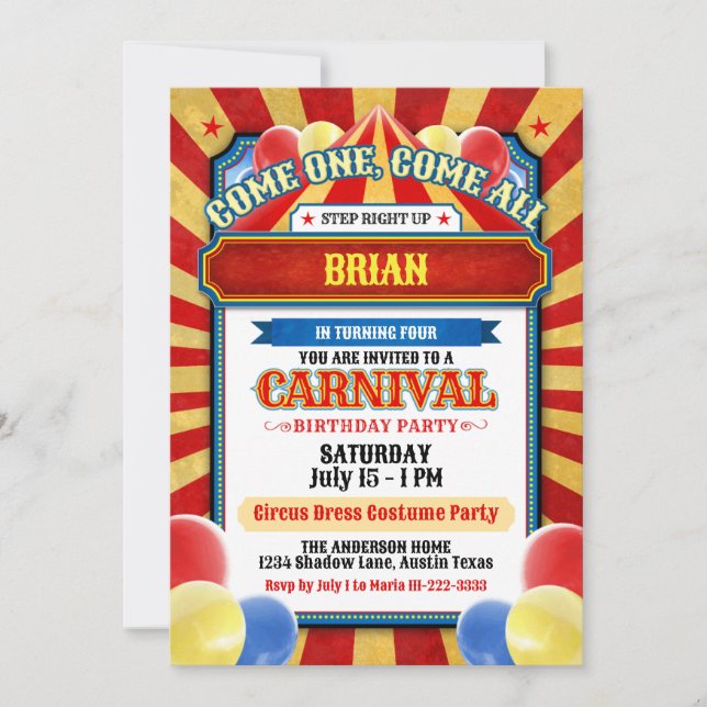 Cute and Colourful Circus Theme Party Invitations (Front)