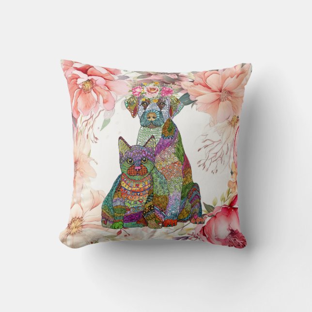 Cute and Colourful Dog and Cat Adoption Floral  Cushion (Front)