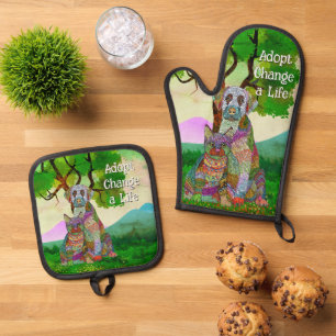 Cute and Colourful Dog and Cat Adoption Oven Mitt & Pot Holder Set