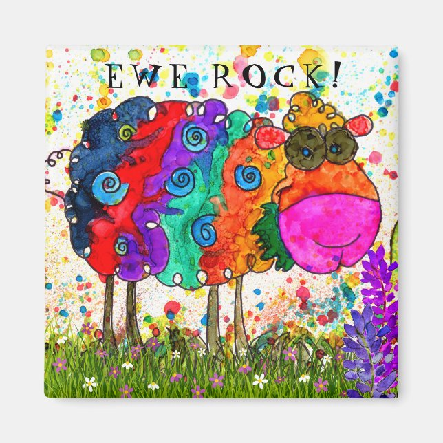 Cute and Colourful Ewe Rock Sheep Magnet (Front)