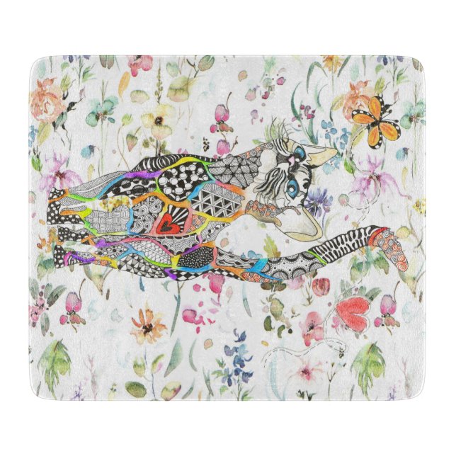 Cute and Colourful Floral Cat  Cutting Board (Front)
