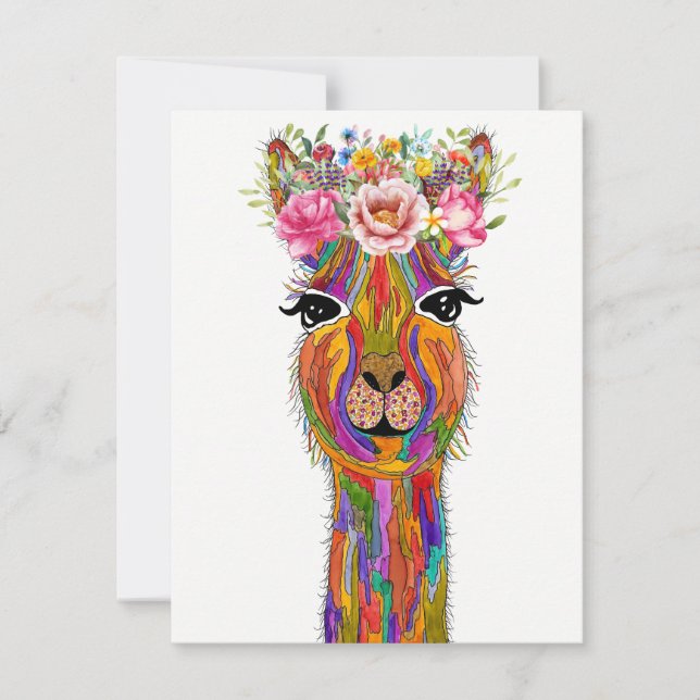 Cute and Colourful Floral Llama Greeting Card (Front)