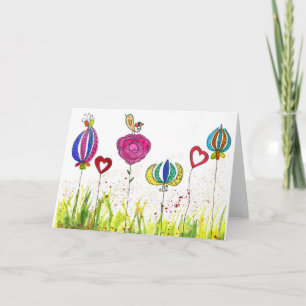 Cute and Colourful Flowers and Bird Greeting Card