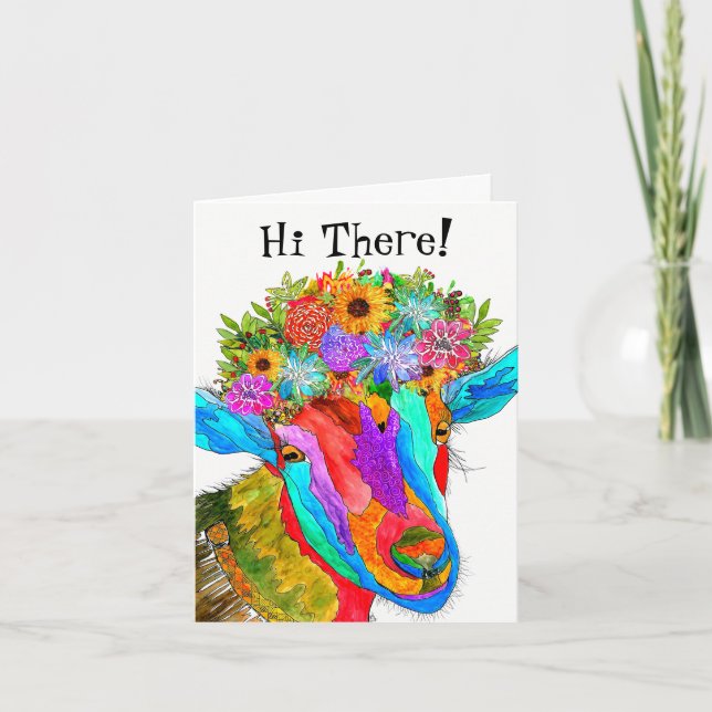 Cute and Colourful Goat Hello Greeting Card (Front)