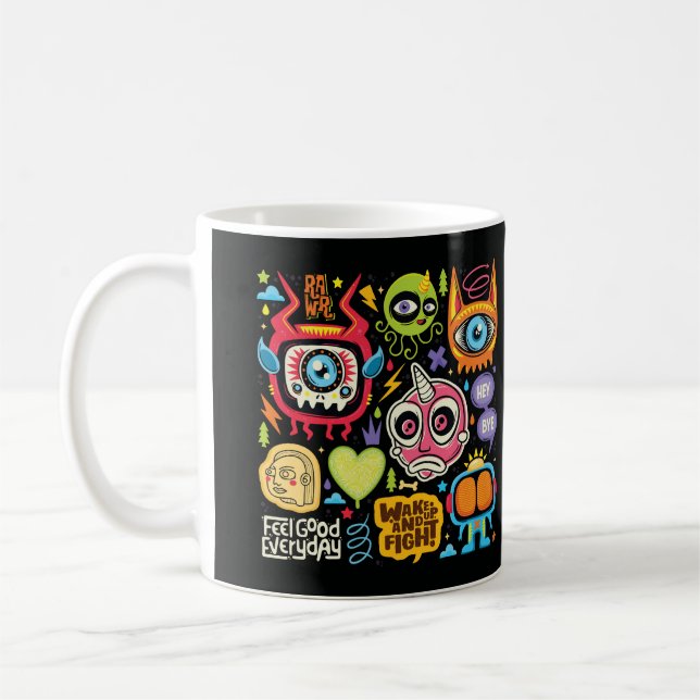 Cute and Colourful Hand Drawn Monster Doodle Coffee Mug (Left)