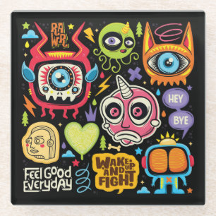 Cute and Colourful Hand Drawn Monster Doodle Glass Coaster