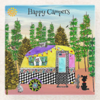 Cute and Colourful Happy Camper Glass Coaster
