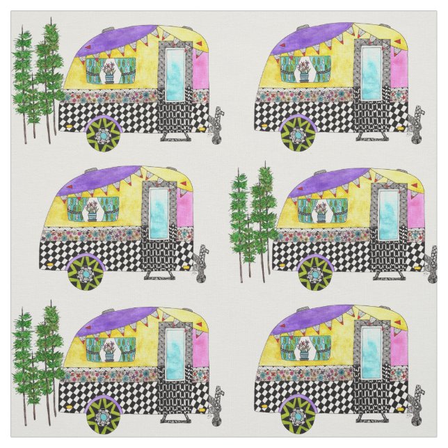Cute and Colourful Happy Campers Trailer Fabric (Swatch)