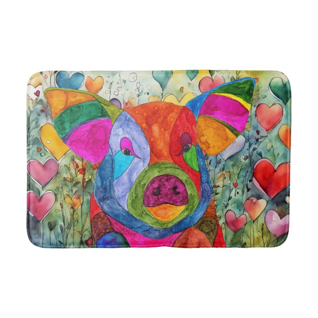 Cute and Colourful Happy Pig with Hearts Bath Mat (Front)