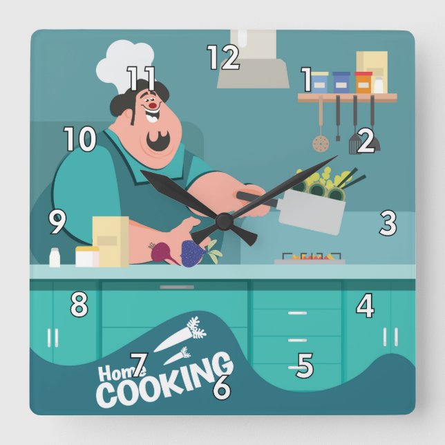 Cute and Colourful Home Cooking Kitchen Square Wall Clock (Front)