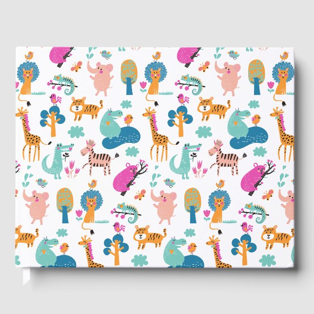 Cute and Colourful Jungle Animals Pattern Guest Book (Front)