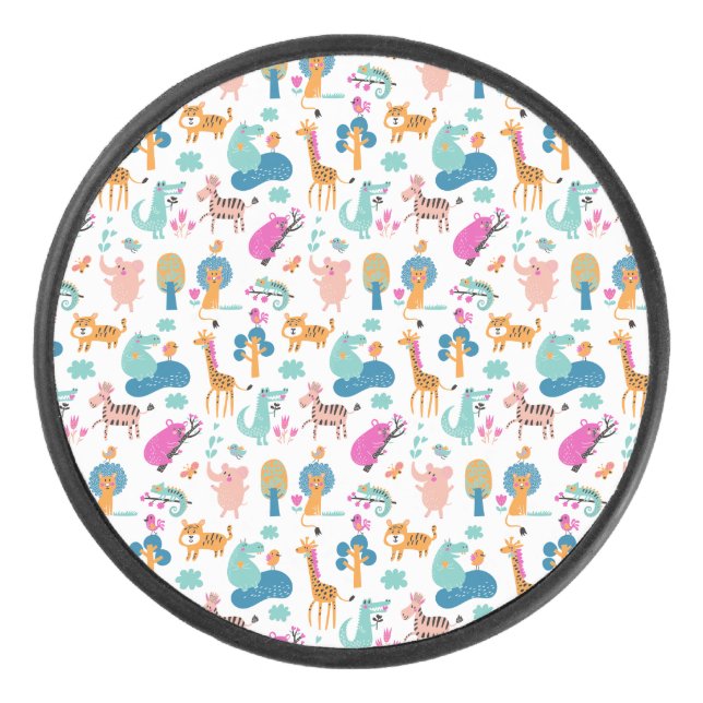 Cute and Colourful Jungle Animals Pattern Hockey Puck (Front)