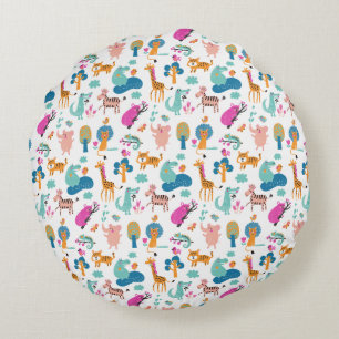 Cute and Colourful Jungle Animals Pattern Round Cushion
