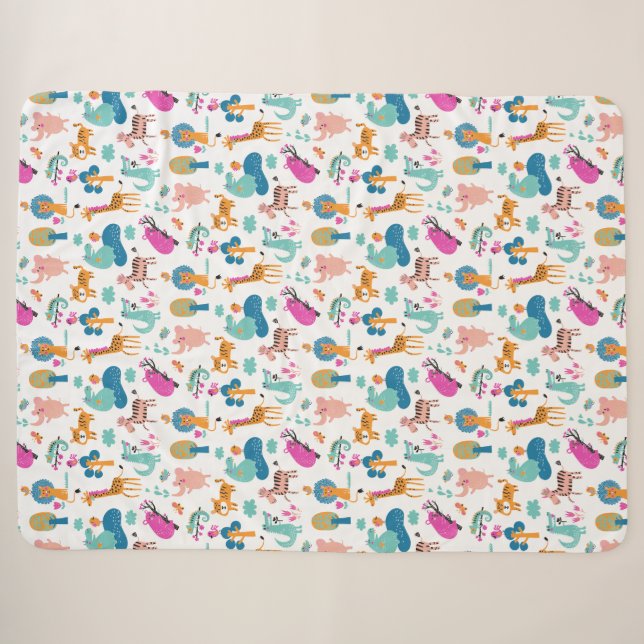Cute and Colourful Jungle Animals Pattern Sherpa Blanket (Front (Horizontal))