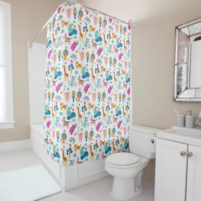 Cute and Colourful Jungle Animals Pattern Shower Curtain (In Situ)