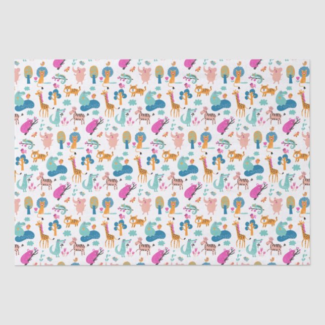 Cute and Colourful Jungle Animals Pattern Tissue Paper (Front)