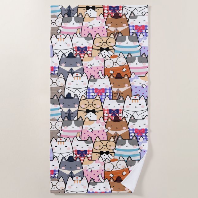 Cute and Colourful Kawaii Cat Pattern Beach Towel (Front)