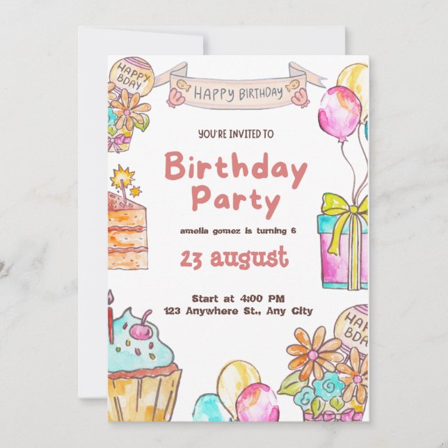  Cute and Colourful Kids Birthday Party Invitation (Front)