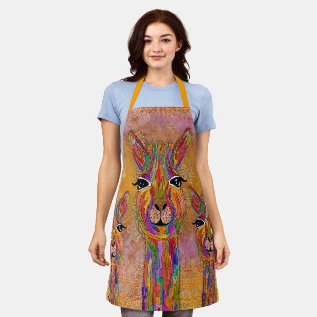 Cute and Colourful Llama Alpaca Apron (Worn)