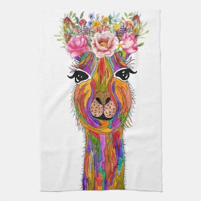 Cute and Colourful Llama Floral Kitchen Towel (Vertical)