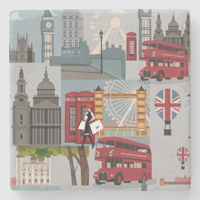 Cute and Colourful London Cartoon Drawing Stone Coaster (Front)