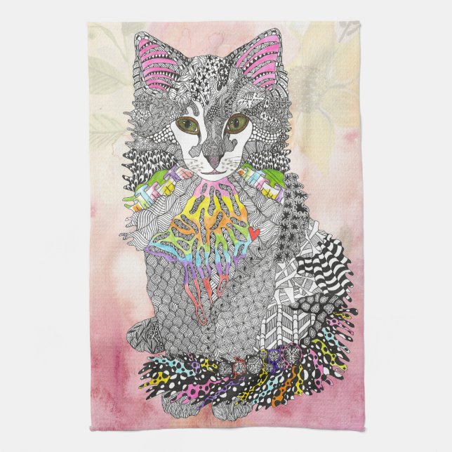 Cute and Colourful Pastel Watercolor Cat Painting Tea Towel (Vertical)