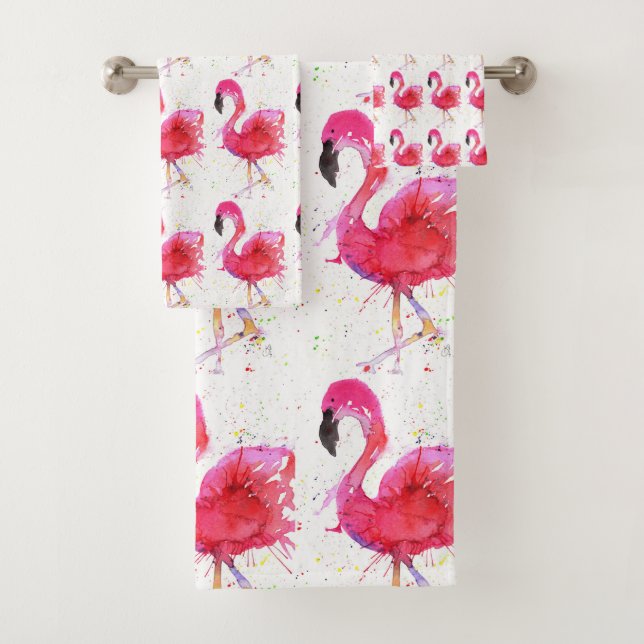 Cute and Colourful Pink Flamingo Bathroom Towel Se (Insitu)