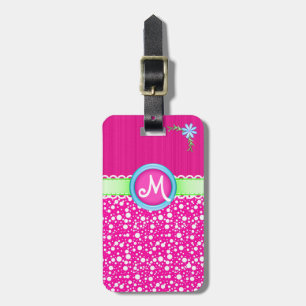 Cute and Colourful Pink Monogram, Dots and Flower Luggage Tag