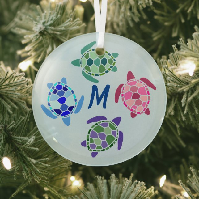 Cute and Colourful Sea Turtles Suncatcher Monogram Glass Tree Decoration (Insitu)