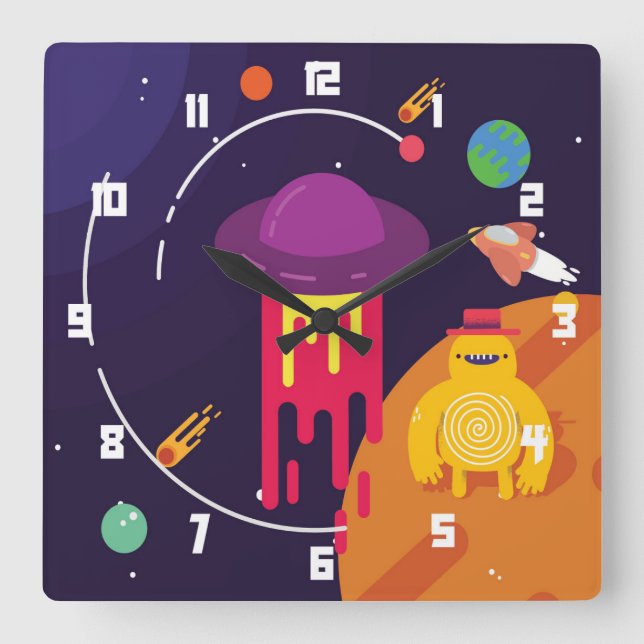 Cute and Colourful Space Ship in Outer Space Scene Square Wall Clock (Front)