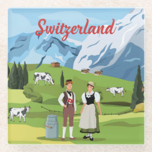 Cute and Colourful Switzerland Cartoon Drawing Glass Coaster