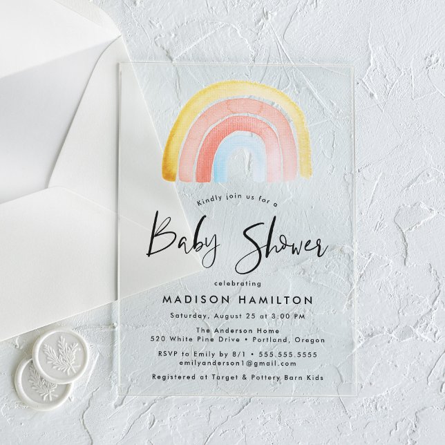 Cute and Colourful Watercolor Rainbow Baby Shower Acrylic Invitations (Creator Uploaded)