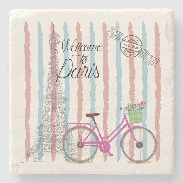 Cute and Colourful Welcome to Paris Stone Coaster (Front)