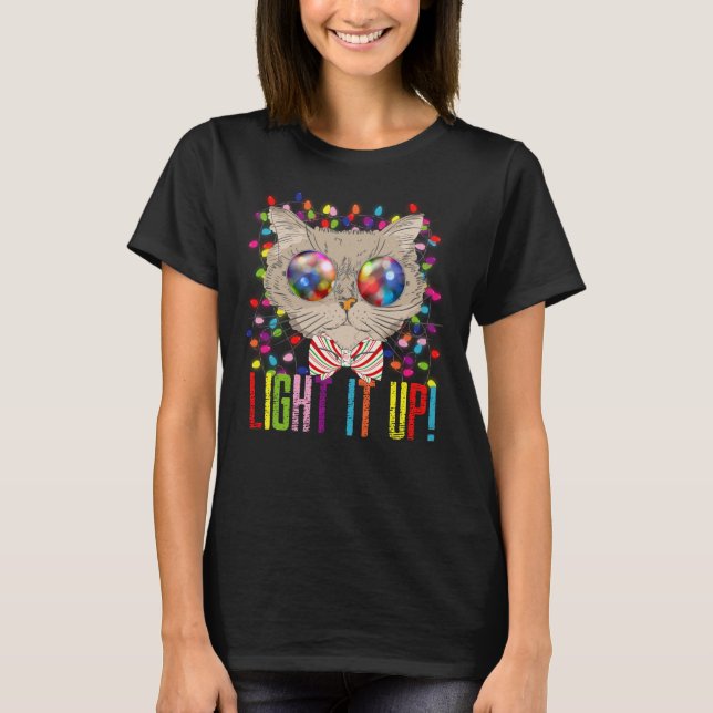Cute and Cool Christmas Cat and Christmas Lights T-Shirt (Front)