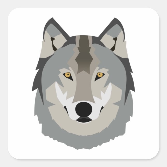 Cute and Cool Grey Wolf Face, Illustrated Animal Square Sticker (Front)