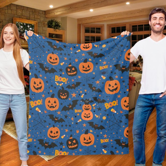 Cute And Cosy  Black Orange And Blue Halloween Fleece Blanket (Cute And Cozy Black Orange And Blue Halloween Fleece Blanket)